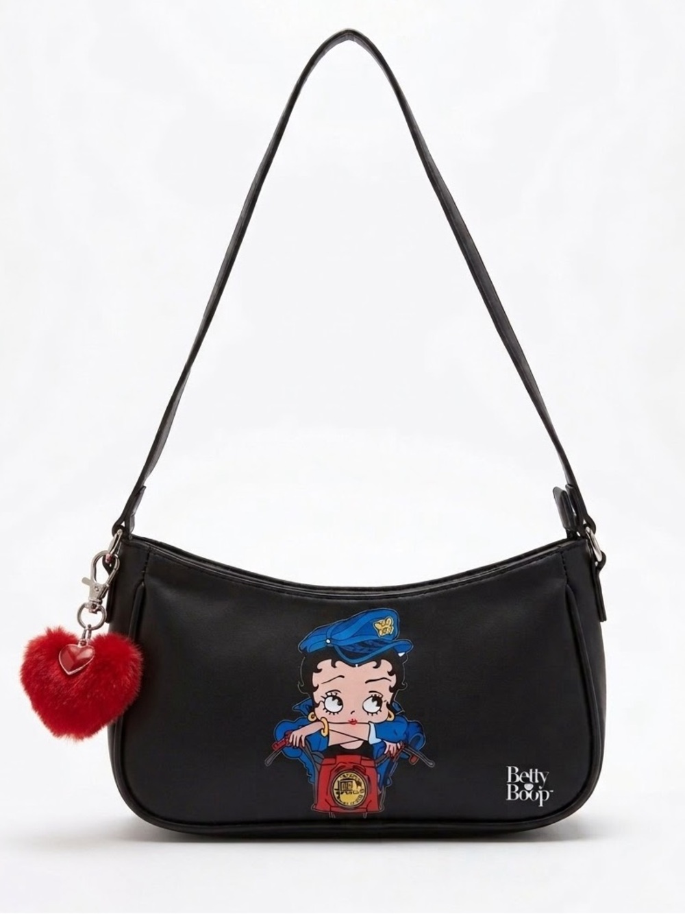 Betty Boop Black Shoulder Bag with Red Heart Pom Charm NWT
